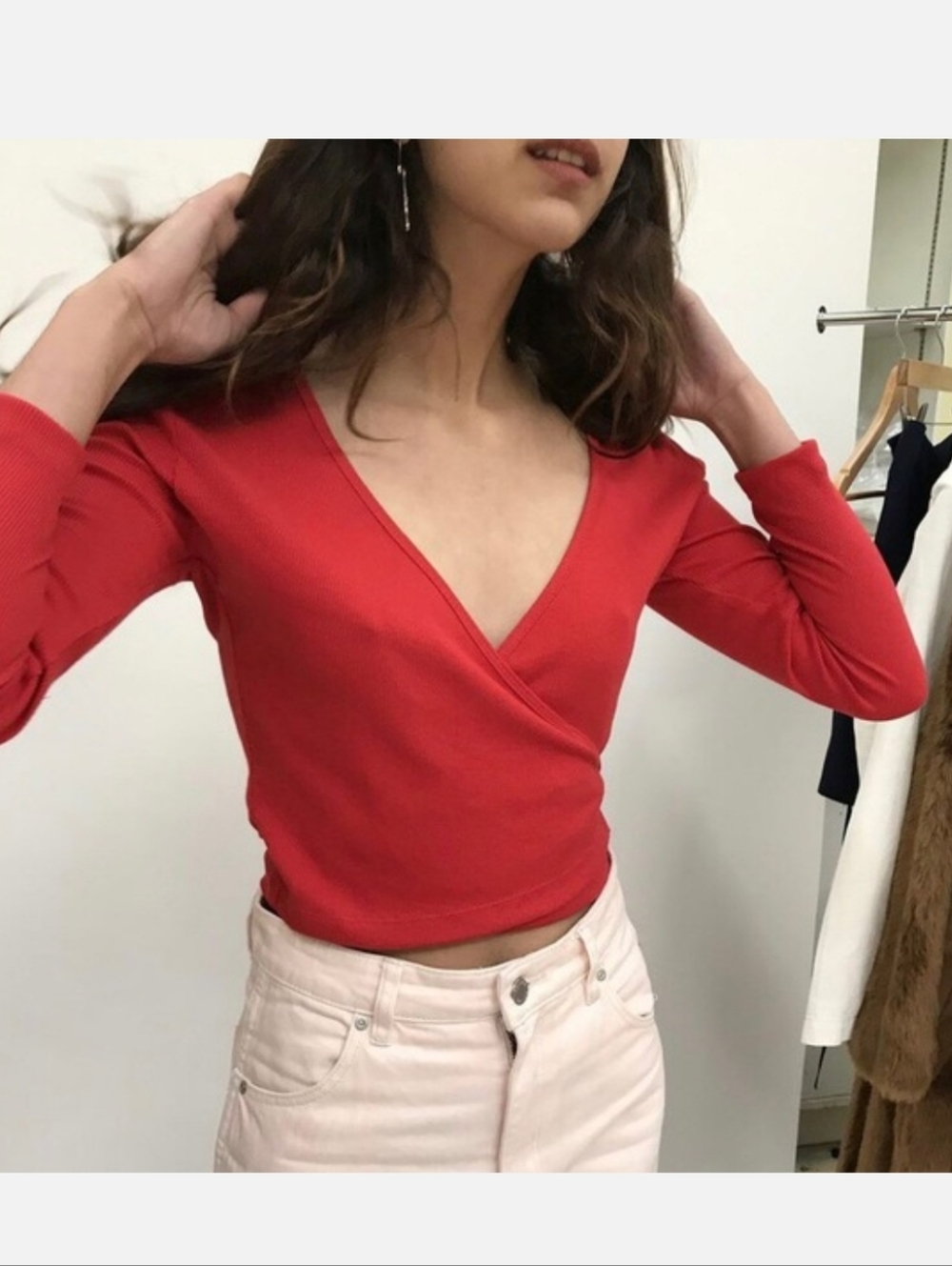 Lisa Says Gah Lucille Wrap Top Red Ribbed Long Sleeve Cropped Cotton Size M - Picture 2 of 15